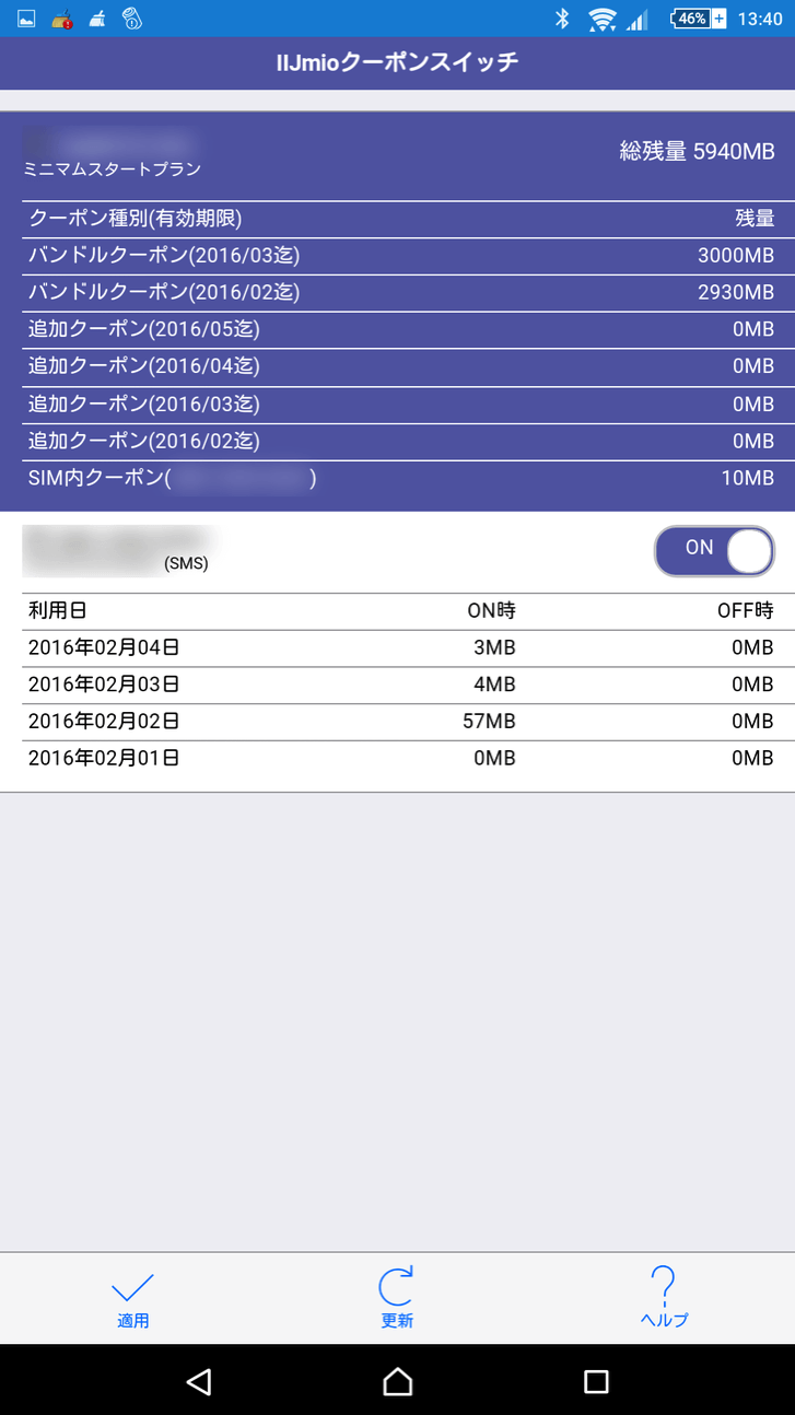 IIJmioの通信量確認画面